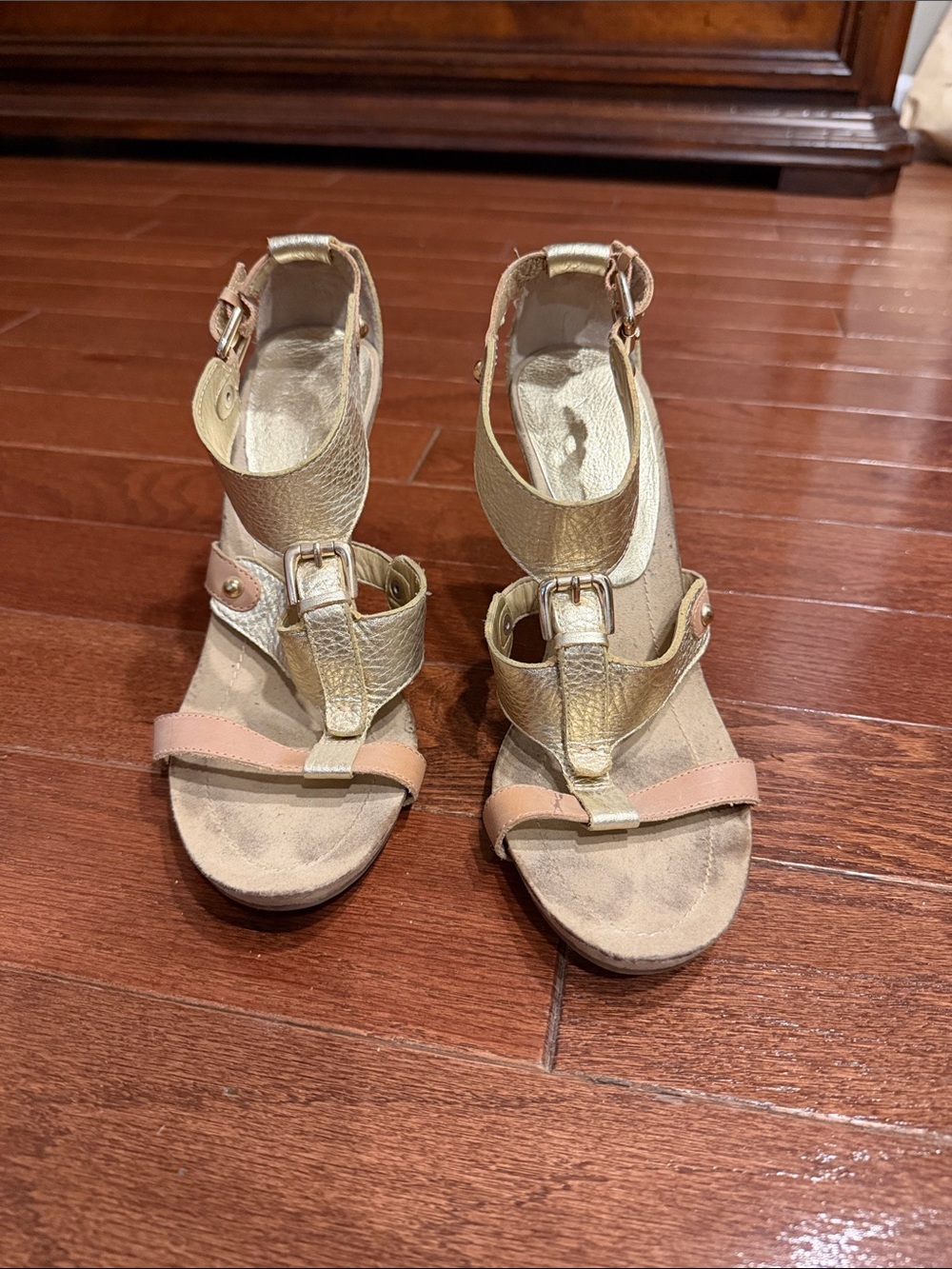 Nine West Gold and Nude Strappy Ankle Buckle Sandals